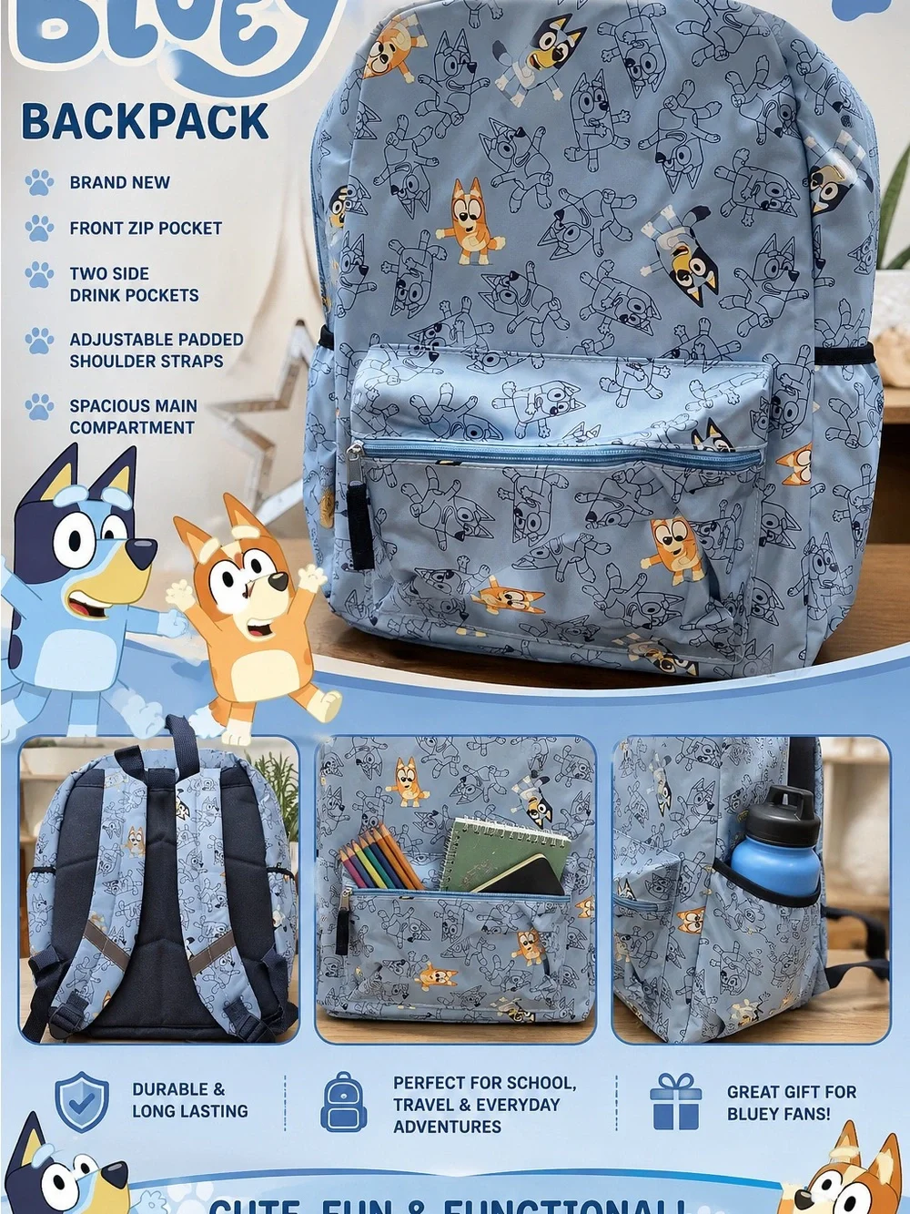 Bluey Kids Backpack - Light Blue Character Print
